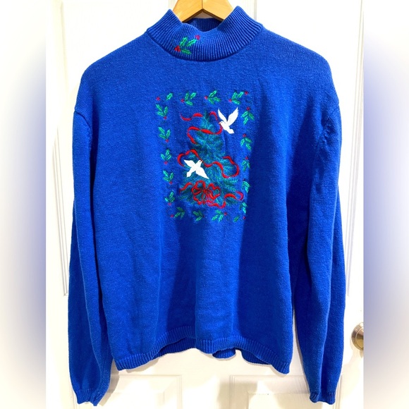 VTG Southern Lady Royal Blue Knit Holiday Dove Ribbon Holly Sweater Ramie Cotton - Picture 1 of 4